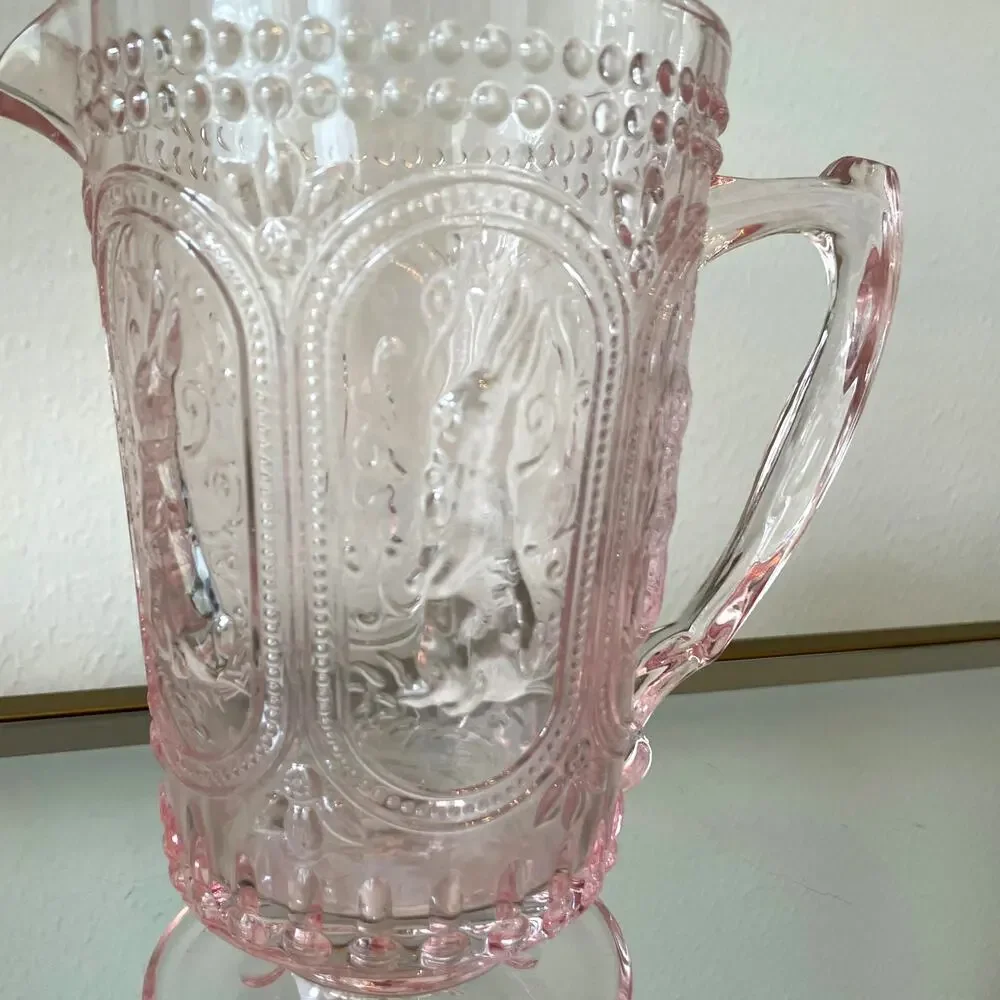 Pink Easter Bunny Glass Pitcher Hobnail Victorian Vintage Style Embossed NEW